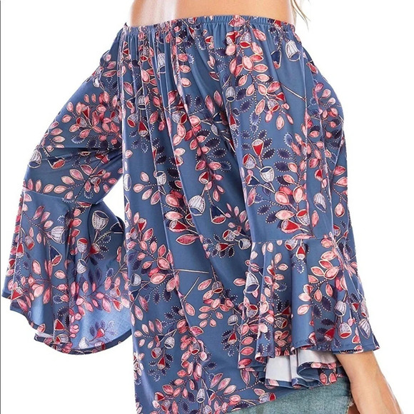 OFF Shoulder Boho Floral Print Flare Sleeves, M - Picture 16 of 16